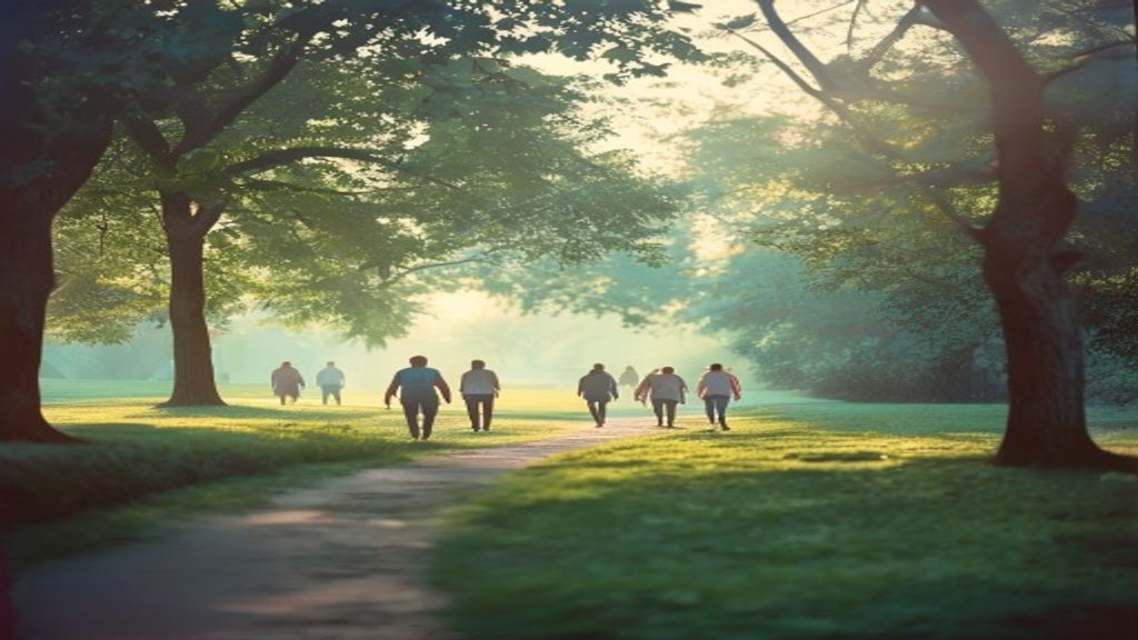 Gruppe mennesker på morgenvandring i parkanlæg ved solopgang